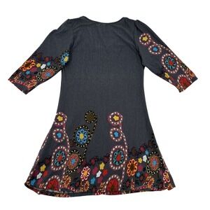 Reborn Womens Gray Floral Paisley Border Print 3/4 Sleeve Mini Dress Large Retro